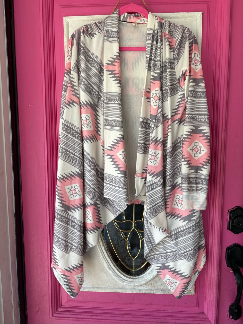 Open-Front Aztec Draped Cardigan - Pink & Gray